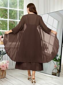 Reflora Vestido de tirantes con detalle de strass & Abrigo de frente abierto - Café integral - Ver 9