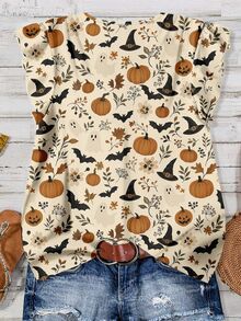 SHEIN LUNE V-Neck Halloween Print Ruffle Armhole Blouse - Multicolor - View 2