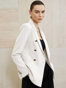 Aveloria Modichic 女款修身西裝外套，結構感肩墊，雙排扣金屬鈕扣，尖領，商務辦公優雅極簡白色職場穿搭 - 白色 - 查看 3