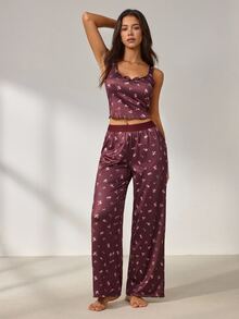 Lowkey Lull Heart Print Lettuce Trim PJ Set Sleep Home Dark Purple Summer Cute Kawaii - Brown - View 7