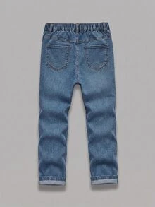 SHEIN Tween Boy Casual Chic Washed Blue Elastic Waist Straight Leg Stretchy Slim Fit Jean Denim Pants Back To School Daily Autumn Winter Fall Winter - Medium Wash - View 3