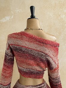 Soleia Space Dye Drop Shoulder Asymmetrical Shoulder Crop Sweater & Knit Shorts Set Without Chain Belt - Multicolor - View 3