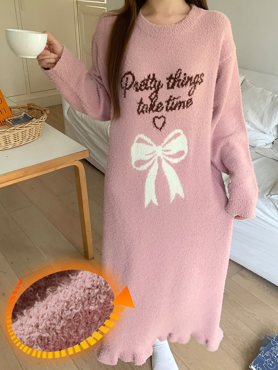 DAZY Slogan & Bow Pattern Drop Shoulder Ruffle Hem Fluffy Knit Sleep Dress - Pink - View 1