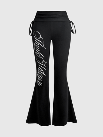 Grunge Punk Pantalones con gráfico de letras, cintura con cordón y pierna acampanada