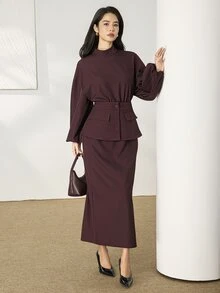 Heiryn Mock Neck Lantern Sleeve Top & Peplum Pencil Skirt Set - Burgundy - View 7