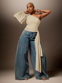 Vixey One Shoulder Lantern Sleeve Draped Side Blouse, Statement Top, Fall/Winter, Boho Chic - Beige - View 1