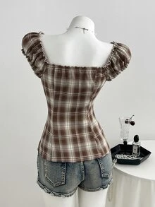Elamini Plaid Print Lace Trim Knot Front Blouse - Brown - View 2