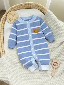 SHEIN Vintaside Kids Baju Terusan Rajut Bayi Laki-laki Motif Garis-garis Beruang dengan Kancing Depan dan Tempelan Gambar Beruang - Biru - View 1