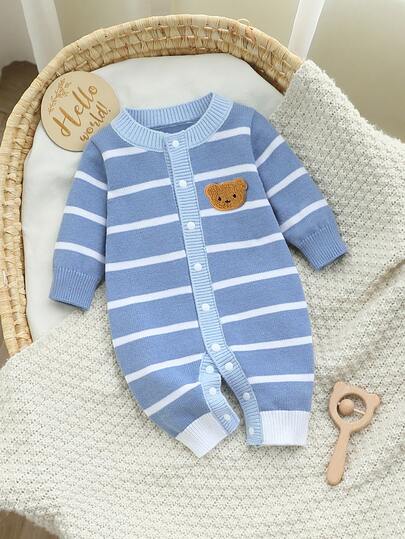 SHEIN Vintaside Kids Baju Terusan Rajut Bayi Laki-laki Motif Garis-garis Beruang dengan Kancing Depan dan Tempelan Gambar Beruang