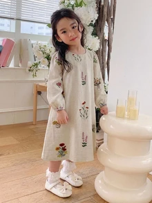 Dazy Kids 女童花卉印花燈籠袖洋裝 秋季 - 杏色 - 查看 6