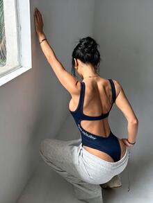 Slayform Slayform Letter Graphic Cut Out Backless Sports Bodysuit - Navy Blue - View 1