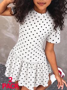 Kids Tween Girl 1pc Polka Dot Print Ruched Ruffle Hem T-Shirt & 1pc Skirt - White - View 3