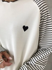 FRIFUL 條紋印花刺繡愛心插肩袖荷葉邊上衣 - 米色 - 查看 3