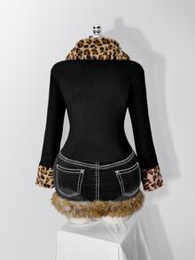 SHEIN ICON 大碼豹紋 Borg 領毛絨飾邊夾克外套 冬季 - 黑色 - 查看 2