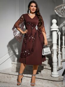 SHEIN Clasi Plus Contrast Sequin Mesh Overlay Dress - Brown - View 7
