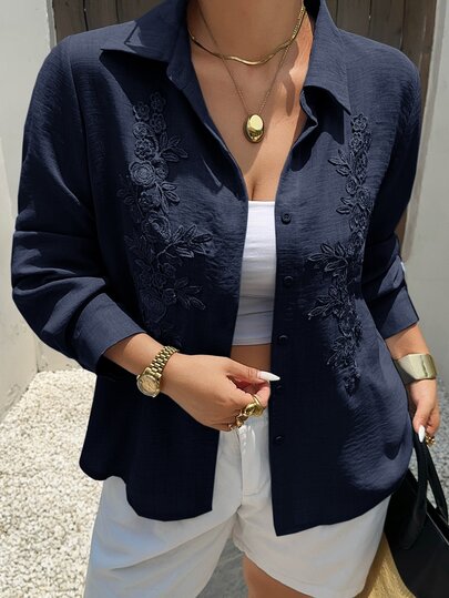 Dazy Plus Plus Floral Embroidery Button Front Shirt Vacation