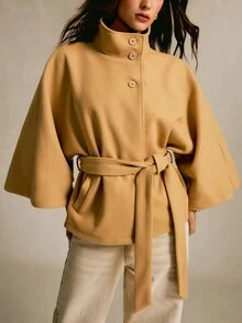 CielaLinda Mock Neck Batwing Sleeve Belted Overcoat - Khaki - View 5