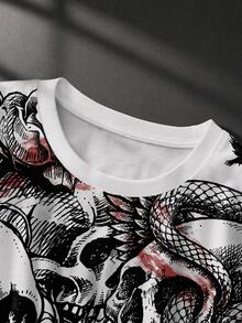 ROMWE MEN Goth Men Skull & Floral Print Short Sleeve Tee - White - View 3