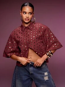Denimoi بلوزات وقمصان نسائية - عنابي اللون - مشاهدة 5