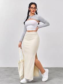Flexra Rok Denim Belahan Paha Tinggi dengan Pinggang Tinggi - Krem - View 6