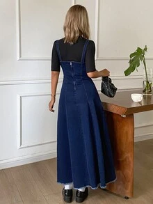 DAZY Gaun Cami Denim dengan Potongan Mentah Tanpa Kaos untuk Liburan - Biru - View 6