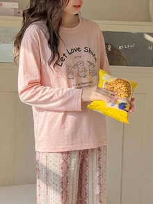 DAZY Tween Girl Cartoon Rabbit & Slogan Graphic Drop Shoulder Tee & Pants PJ Set - Pink - View 6