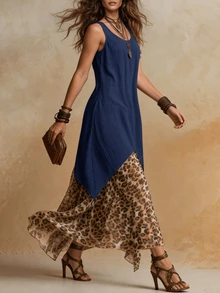 Solivie Contrast Leopard Print Ruffle Hem Tank Dress - Navy Blue - View 4