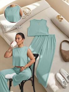 Muchica Plus Solid Tank Top & Wide Leg Pants - Olive Green - View 5