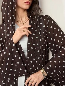 Al Najma Plus Polka Dot Print Open Front Abaya - Brown - View 4