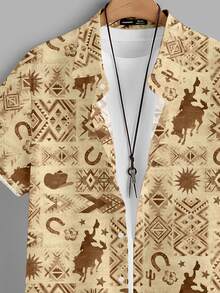 Azurnel Men Animal & Geo Patchwork Print Shirt - Khaki - View 3