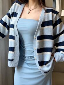 Vibekara Plus Size Contrast Striped Drop Shoulder Cardigan Winter - Multicolor - View 7