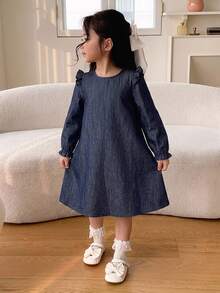 Dazy Kids Young Girl Ruffle Trim Flounce Sleeve Dress - Blue - View 1