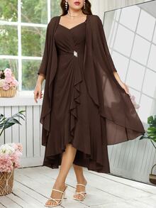Reflora Vestido de tirantes con detalle de strass & Abrigo de frente abierto - Café integral - Ver 5