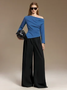 Ontre Asymmetrical Neck Ruched Waist Tee Office Steel Blue Autumn Elegant - Blue - View 4