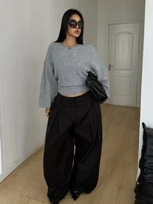 POPSWAY Plus Size Solid Cable Knit Drop Shoulder Crop Sweater Winter - Grey - View 4