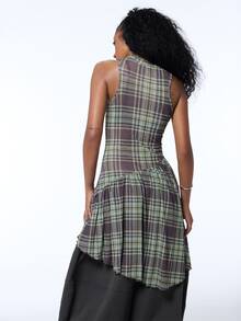 COUREZ Sleeveless Mesh Check Mini Layering Dress / Y2K Fall Mini Dress Winter Dress Autumn Outfits Fall Streetwear Club Outfits For Women Dresses - Brown - View 6