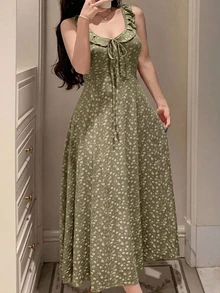 DAZY Ditsy Floral Ruffle Trim Drawstring Front Sleep Dress - Green - View 3