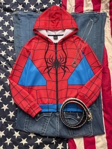 SHEIN EZwear Spider Print Zip Up Drawstring Hoodie - Multicolor - View 1