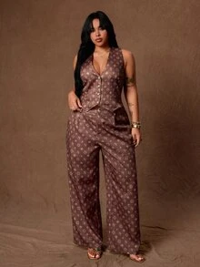 Rustia Chaleco con estampado integral & Pantalones de pierna ancha talla grande - Multicolor - Ver 6