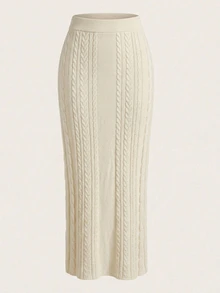 SHEIN PariChic Solid Cable Knit Skirt Brunch Beige Autumn Casual Brunch - White - View 4