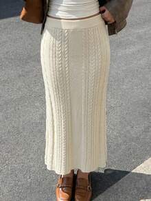 SHEIN PariChic Solid Cable Knit Skirt Brunch Beige Autumn Casual Brunch - White - View 6
