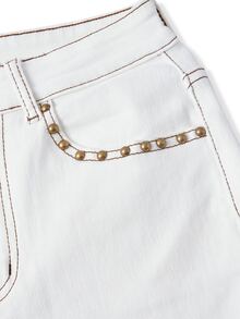 SHEIN PETITE 高腰刺繡蝴蝶鉚釘裝飾喇叭褲牛仔褲 - 白色 - 查看 5
