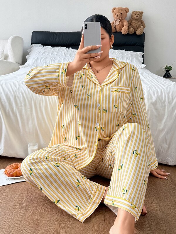 CottageSlumber Plus Striped & Lemon Print Long Sleeve Shirt & Pants Pajama Set