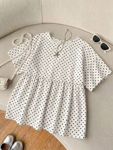 SHEIN EZwear 波點印花荷葉邊上衣 - 白色 - 查看 1
