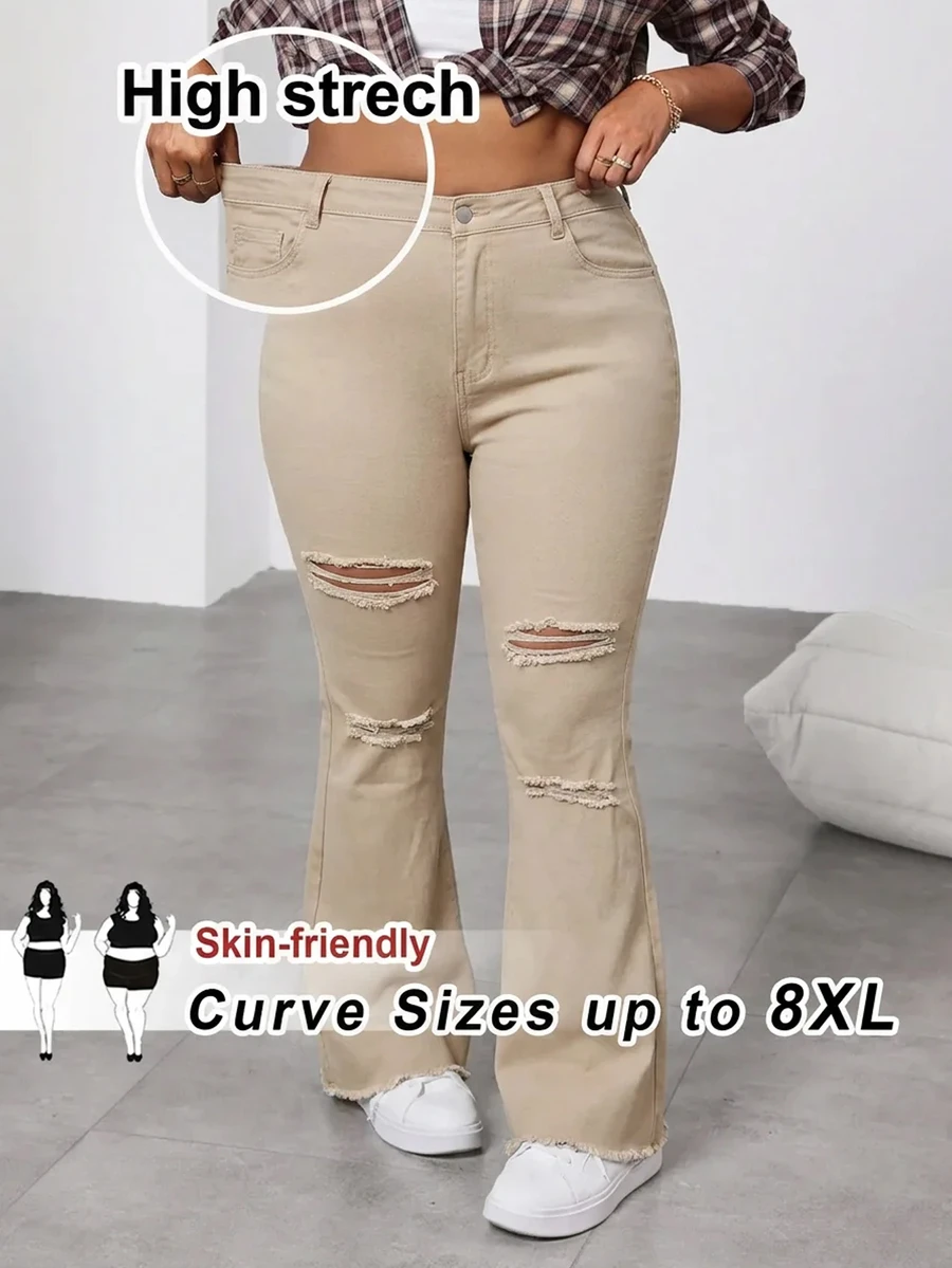 SHEIN CURVE+ 大尺碼破洞喇叭褲牛仔褲 - 卡其色 - 查看 1