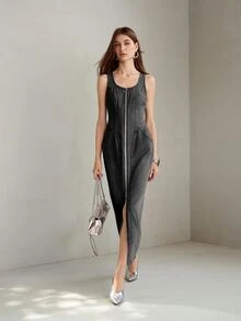 MOTF Vestido de mezclilla sin mangas con cremallera - Negro - Ver 4