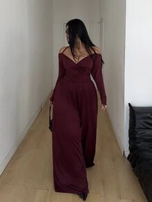 POPSWAY Plus Solid Halter Neck Wide Leg Jumpsuit Fall - Burgundy - View 4