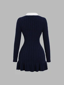 Sweetra Contrast Polo Collar Ruffle Hem Cable Knit Sweater Dress - Royal Blue - View 2
