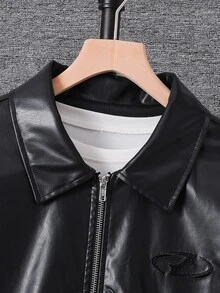 SHEIN 青少年男孩拉鍊式PU皮革夾克 - 黑色 - 查看 8