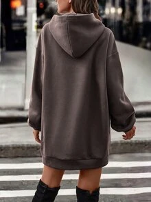 SHEIN LUNE 字母圖案落肩連帽衛衣洋裝 - 巧克力棕 - 查看 2